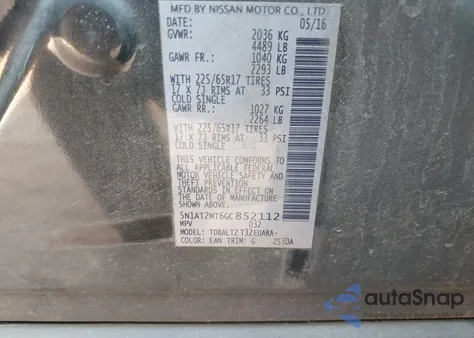 2016 Nissan Rogue Sv z USA, uszkodzony, nr VIN 5N1AT2MT6GC852112